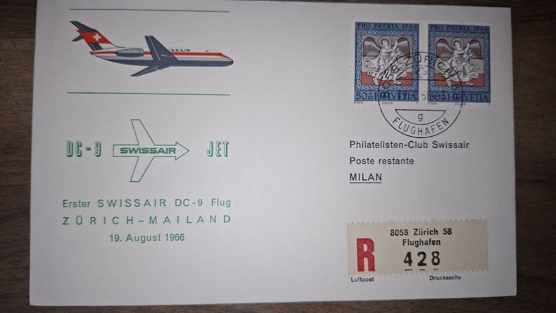 Tutti i francobolli: Swissair Zürich - Mailand 19.08.1966 – Usato da Balgach venduto da SIMEON27