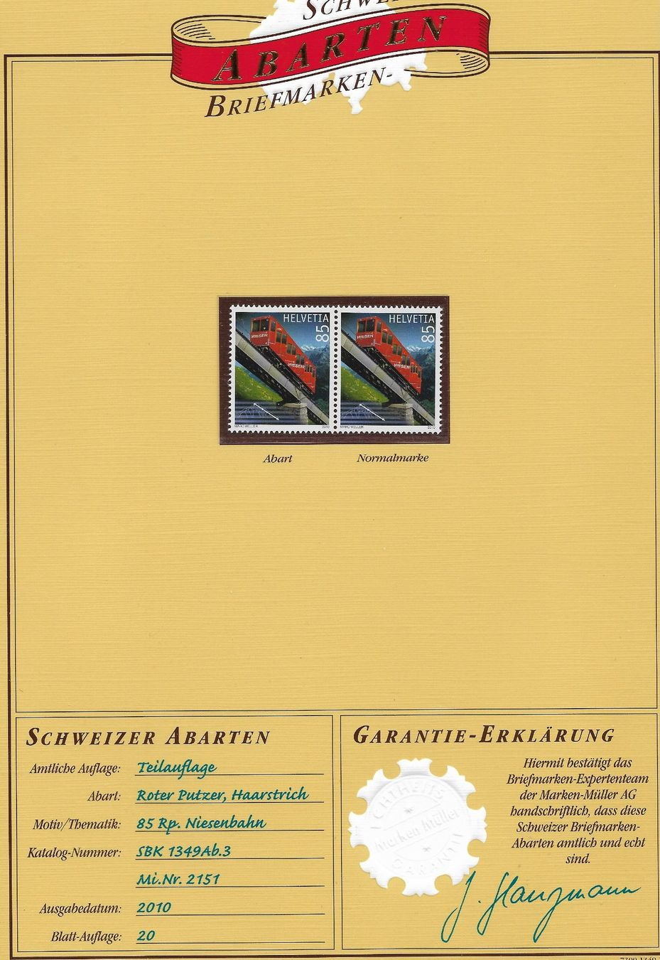 Tutti i francobolli: 2010 SCHWEIZER ABARTEN ROTER PUTZEER – Nuovo (secondo la descrizione) da Buttikon SZ venduto da stamps08