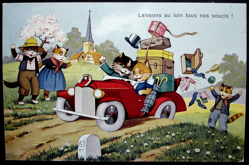 Cartoline postali: AK Katzen Reise mit Auto – Usato da Jona venduto da philajona