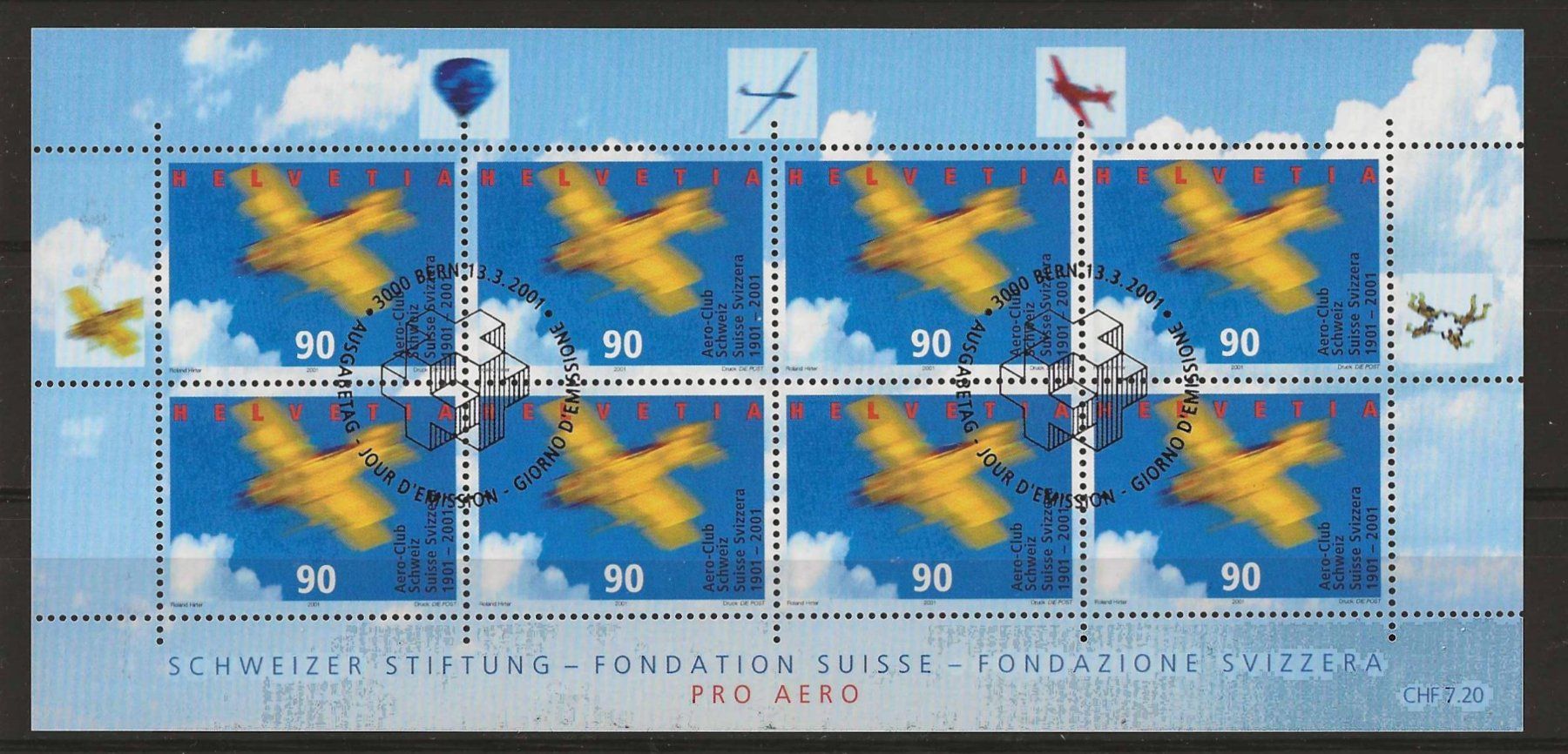 Alle Briefmarken: Kleinbogen Pro Aero 2001 Ersttag – Gebraucht aus Zürich von Philacat11