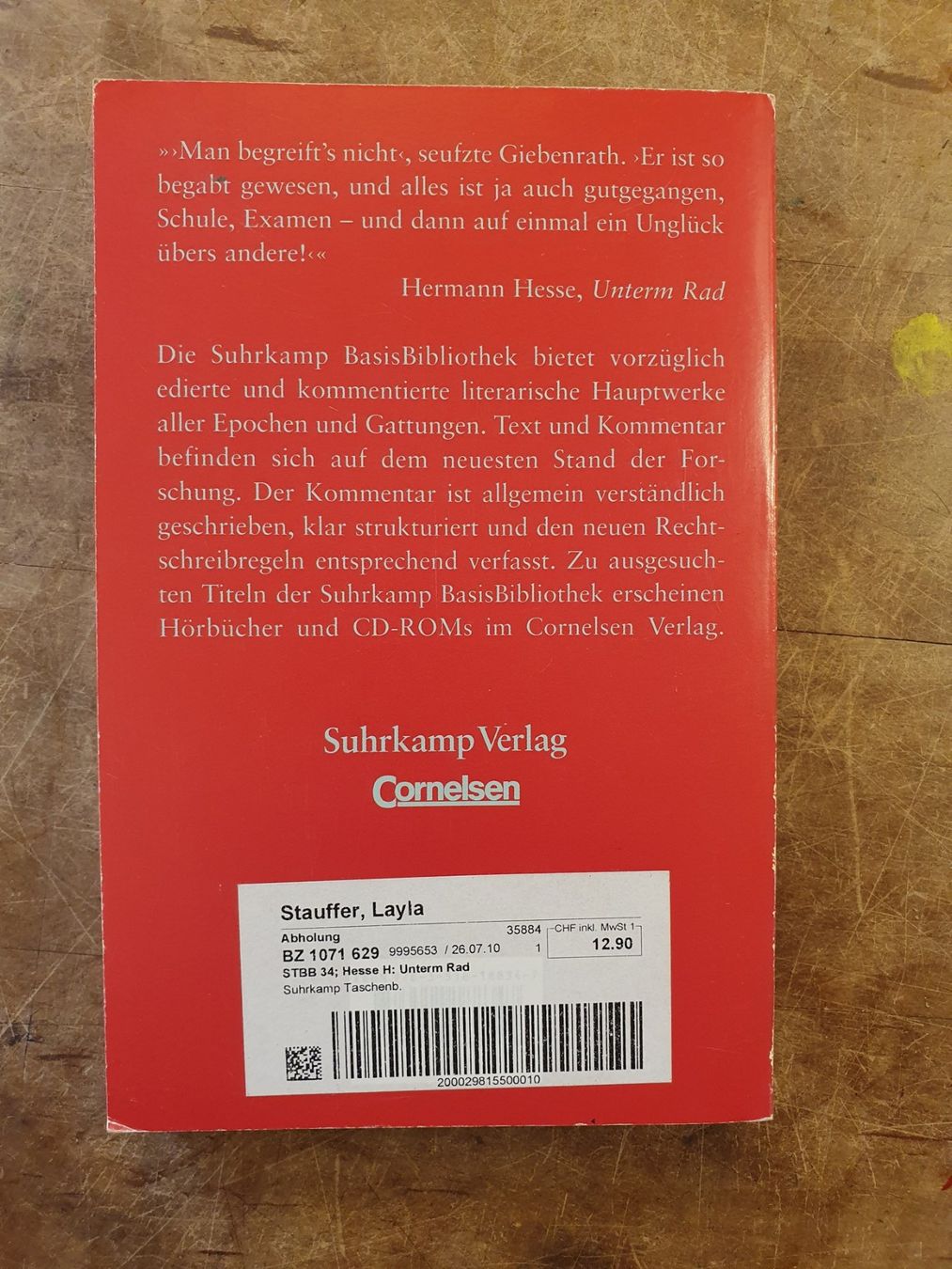 Libri: Unterm Rad - Hermann Hesse - Suhrkamp – Usato da Zürich venduto da loosebone 9