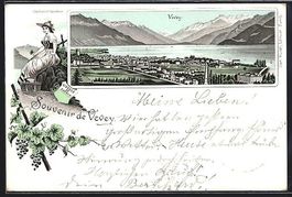 Litho Vevey, Panorama mit Ort, See und G