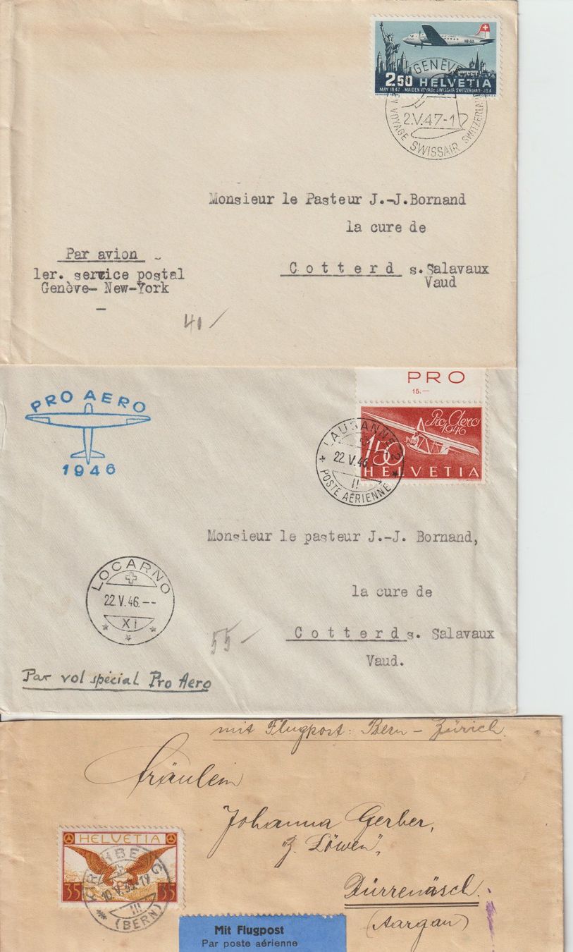 Alle Briefmarken: 2 Pro Aero + 1 Flugbrief – Gebraucht aus Lausanne von Whorvath