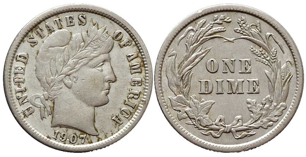 Tutti le monete: USA, One Dime 1907, Barber – Usato da Chiasso venduto da Novamarketing