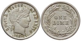 USA, One Dime 1907, Barber