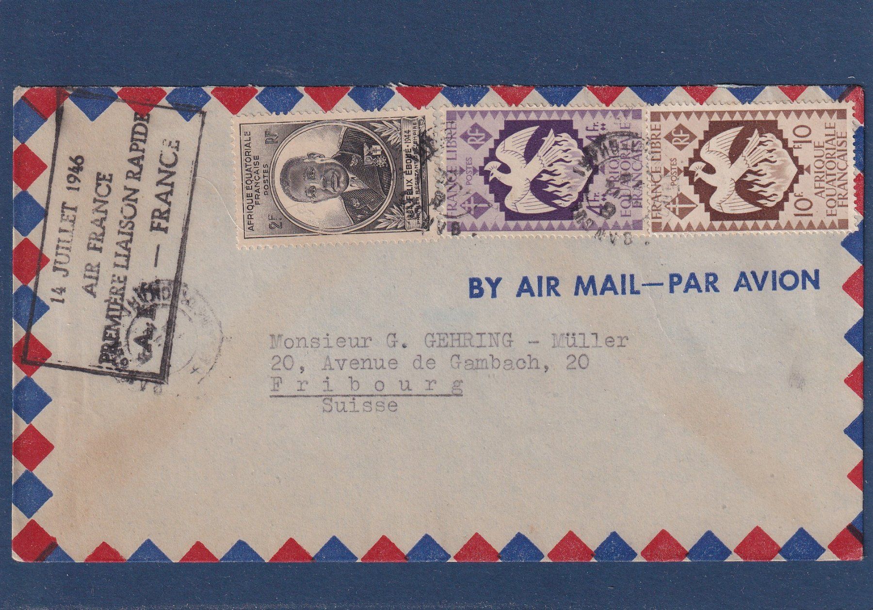 Tutti i francobolli: Par avion - Première liaison AEF - 1946 – Usato da Orvin venduto da Pyaeschli