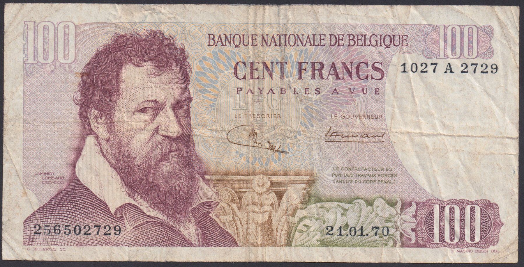 Banconote: Belgien 100 Francs 1970 – Usato da Brugg AG venduto da banknoten_muesli