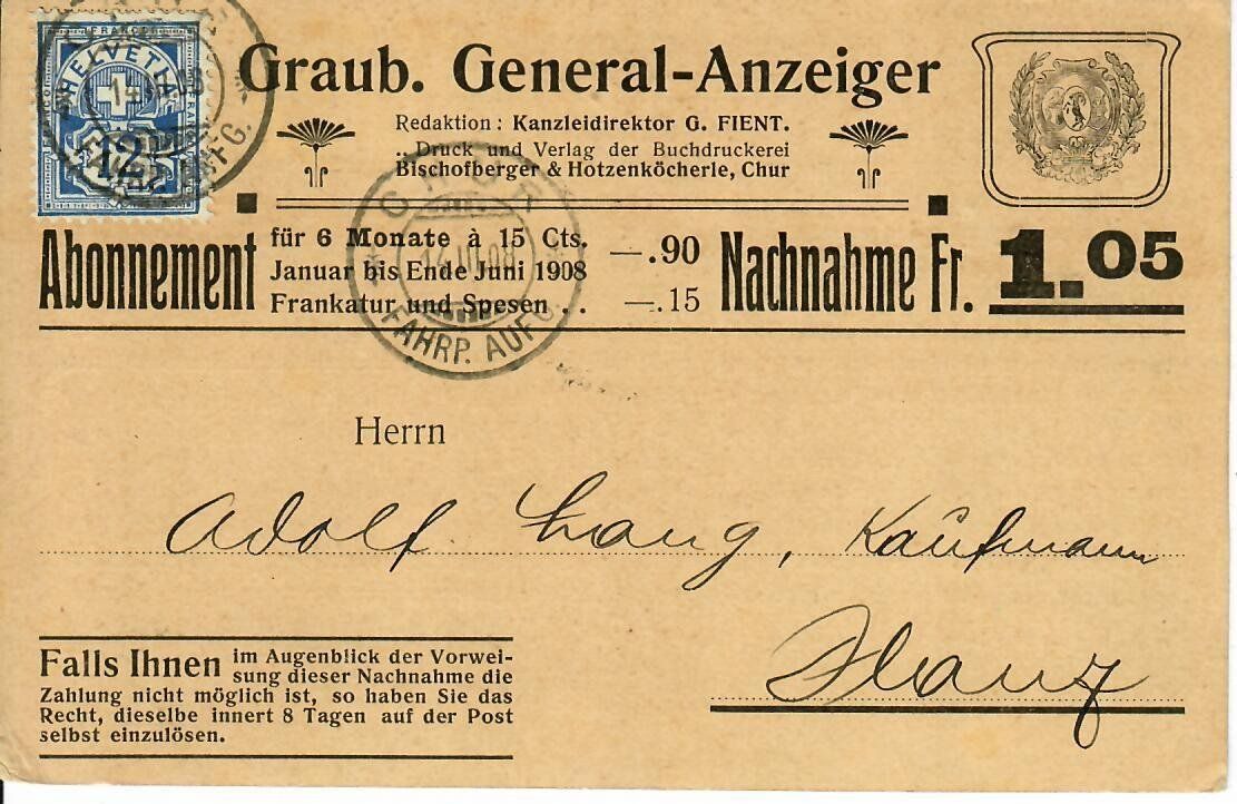 Tous les timbres: PK, Graubündner General-Anzeiger 1908 – D'occasion à Hochdorf par Ziegel-16