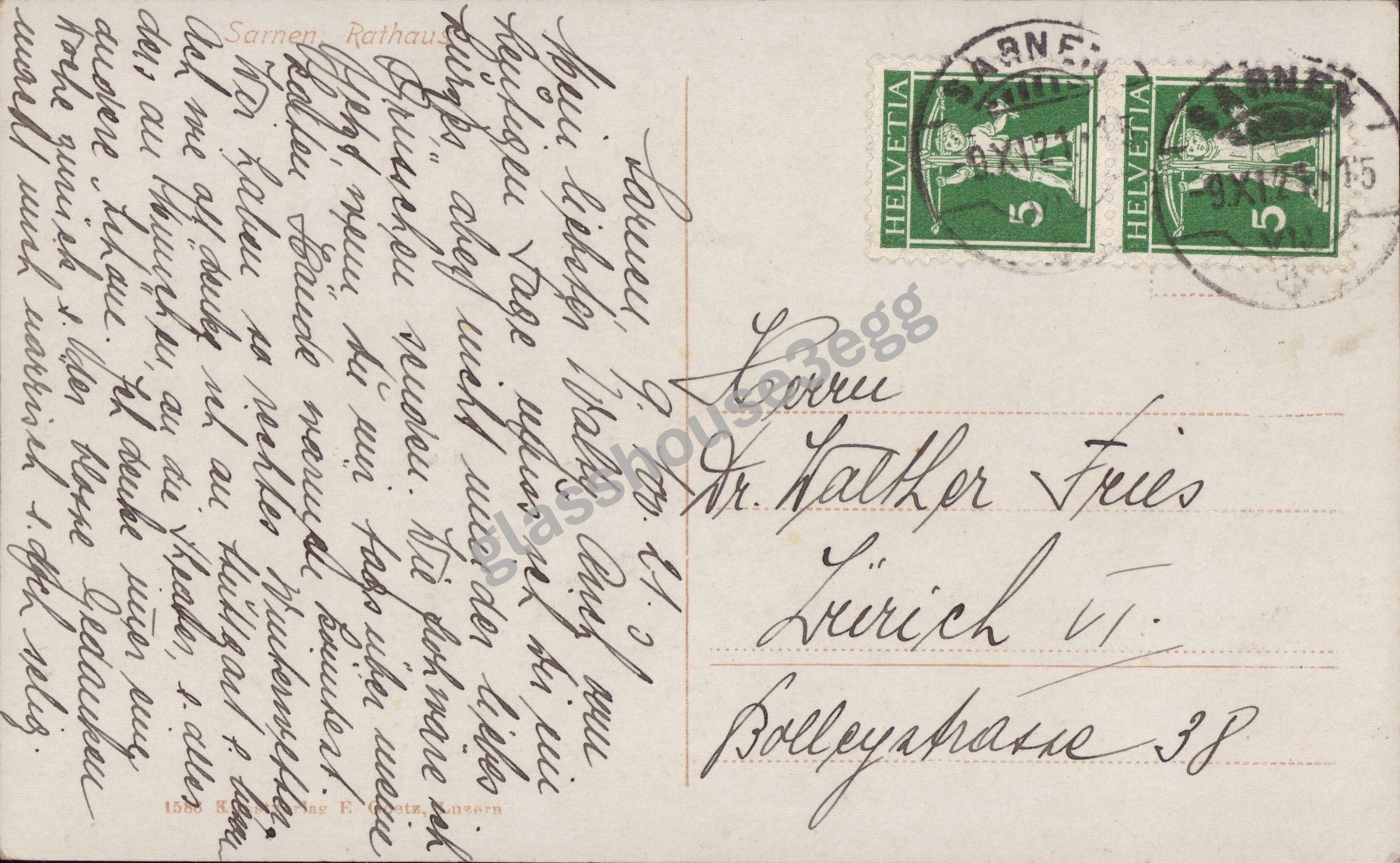Cartoline postali: AK 1921 Sarnen, Rathaus – Usato da Eggersriet venduto da glasshouse3egg 1