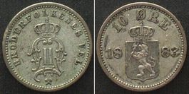 NORWEGEN 10 Ore 1883, OSCAR II. von SCHWEDEN Silber vz