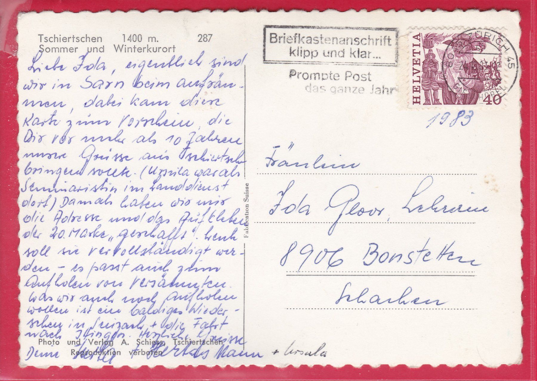 Cartoline postali: TSCHIERTSCHEN 1400m, 1983 – Usato da Oberrieden venduto da Gebirgsstelze 1