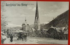 Ostergrüsse aus Davos 1907 - Rathaus und Platzkirche