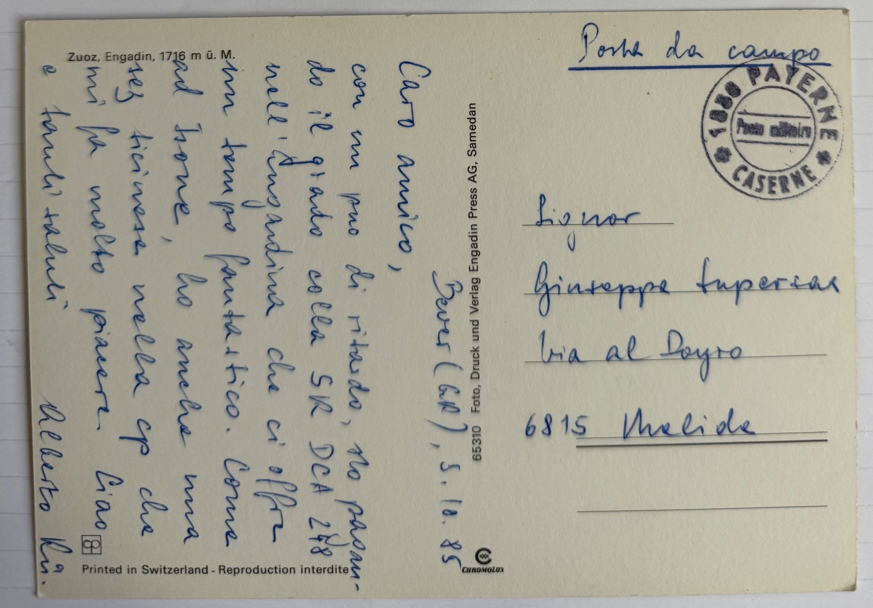 Cartoline postali: AK: Zuoz – Usato da Lutry venduto da Ediego 1