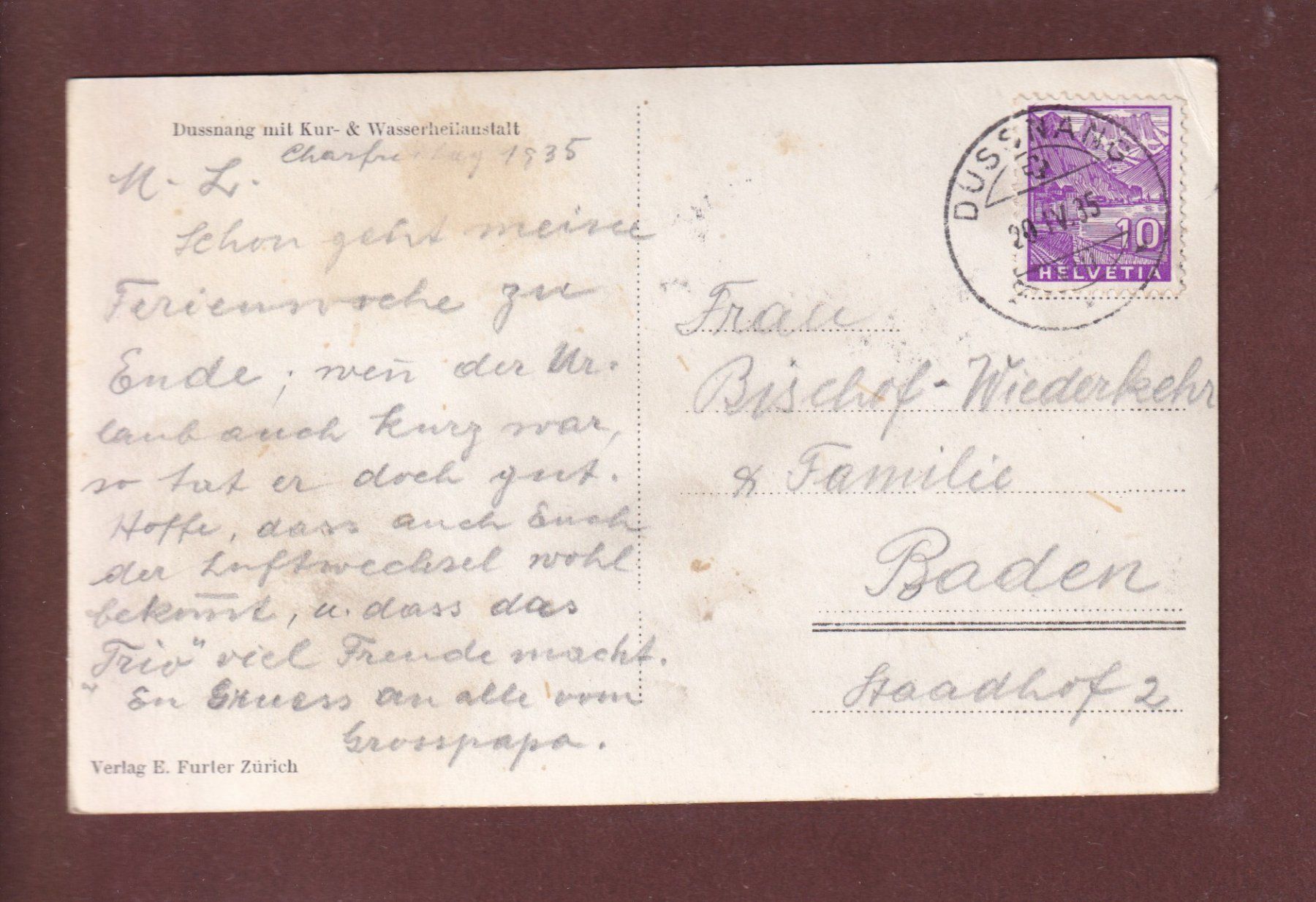 Cartoline postali: DUSSNANG - 1935 – Usato da Pully venduto da nicecards 1
