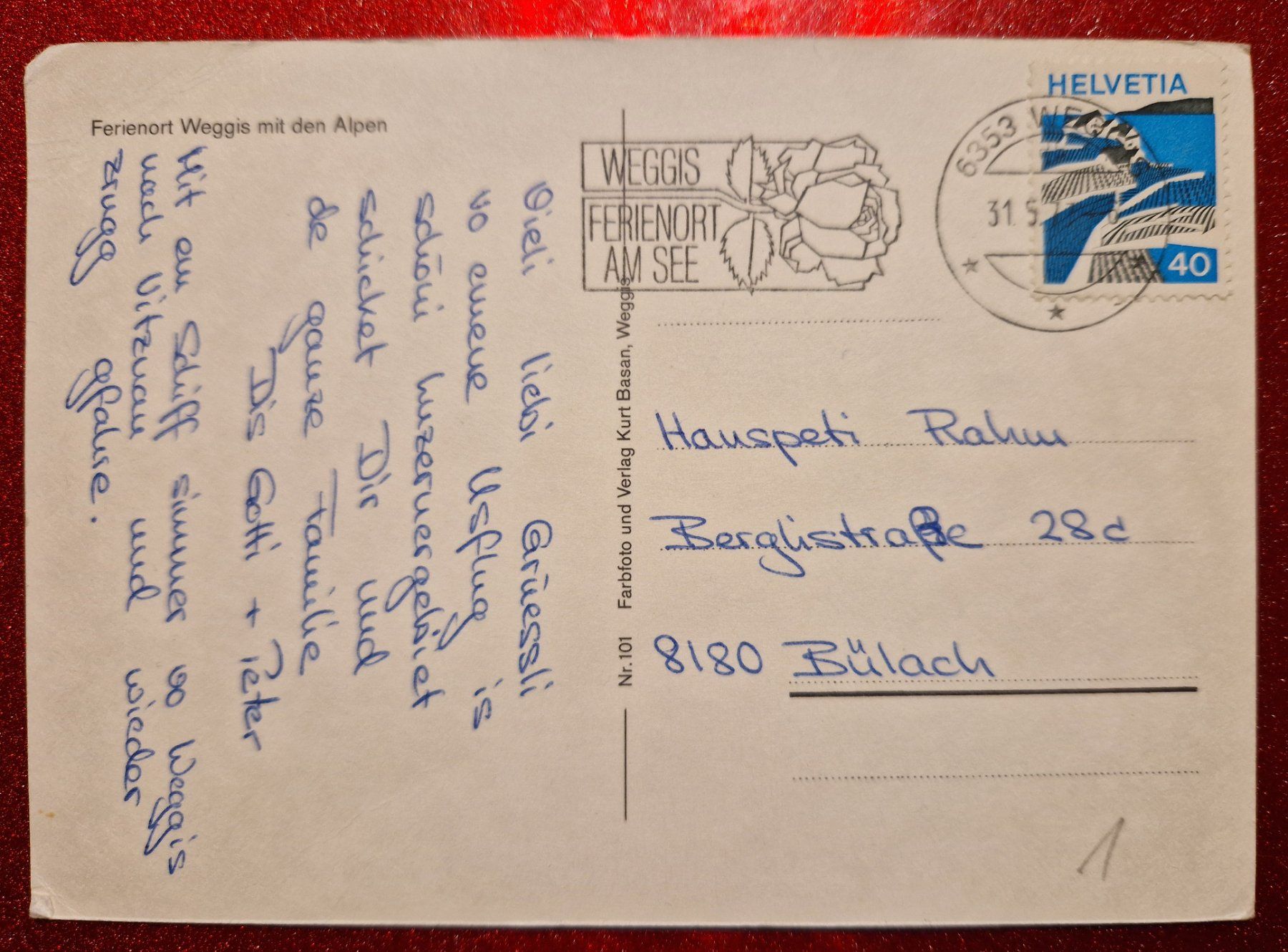 Cartoline postali: Ferienort Weggis mit den Alpen 1977 – Usato da Melchnau venduto da Fishel 1