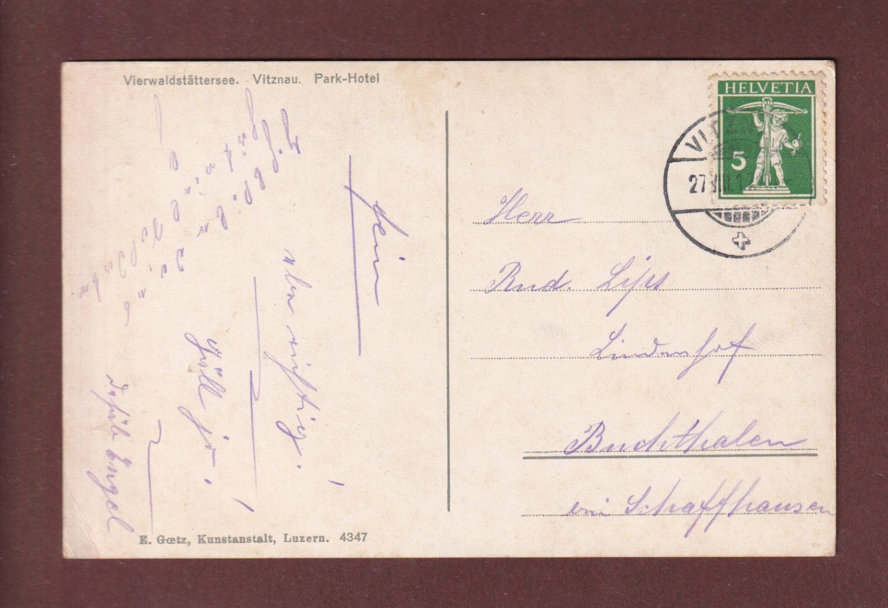Cartoline postali: VITZNAU - Park-Hotel - 1917 – Usato da Pully venduto da nicecards-shop 1