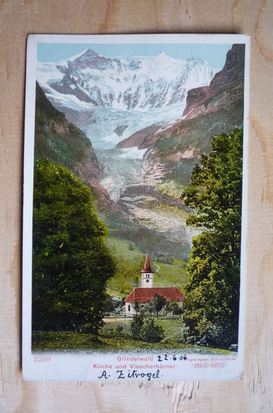 Cartoline postali: Grindelwald. Kirche und Vieschhörner, 22.VI.06 – Usato da Rieden SG venduto da Gant24