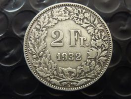 2 Fr. 1932  Auflage nur 0,25 Mio. Prägungen  -  Ungereinigt