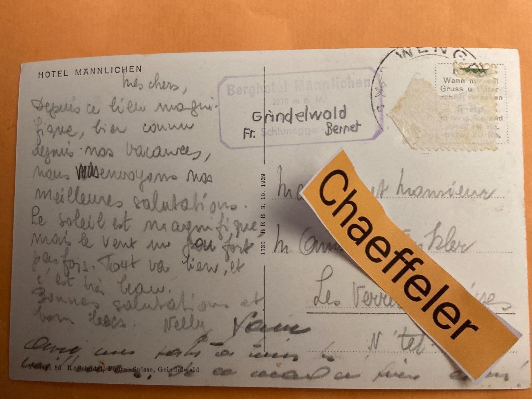 Cartes postales: Hotel Männlichen, Grindelwald – D'occasion à Zürich par Chaeffeler 1