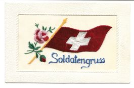 Seidenkarte - gestickt - Soldatengruss - CH-Fahne - Rose