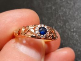 Ring vergoldet 585, size 8 (57), 2.3g, blaues Zirkonia