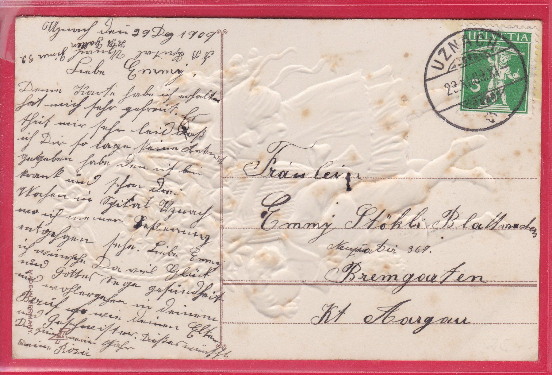 Ansichtskarten: PRÄGEKARTE, PROSIT NEUJAHR, 29.12.1908 – Gebraucht aus Oberrieden von Gebirgsstelze 1