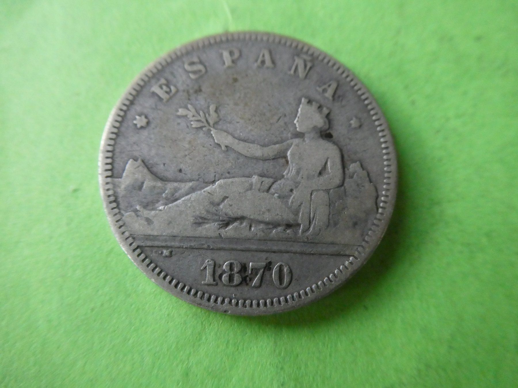 Alle Münzen: Spanien 1870, 2 Pesetas  - Silber – Gebraucht aus Hinterforst von Rohusri