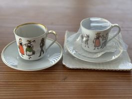 2 Espressotassen mit Unterteller, CH-Trachten Goldrand