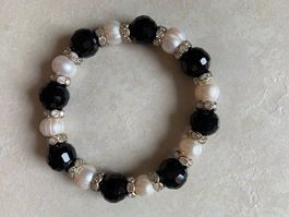 Armband Perlen, Onyx, Strass schwarz weiss