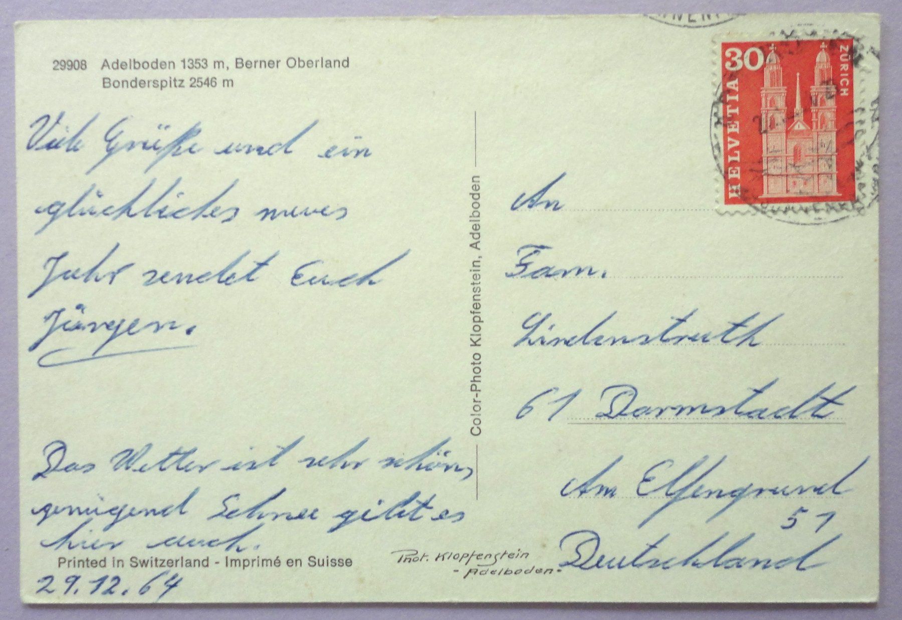 Cartoline postali: Adlboden 1353 m, B.O. – Usato da Fétigny venduto da Billy2miny 1