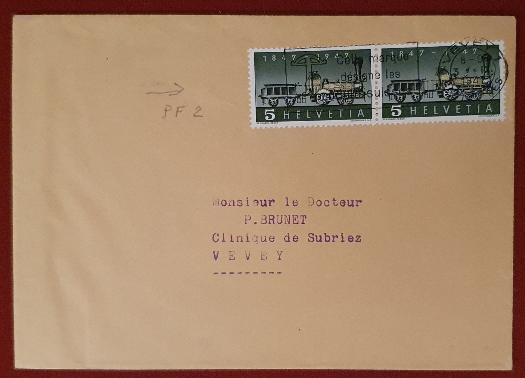 Alle Briefmarken: Brief, Vevey 1947 - fehlende Speiche im Paar – Gebraucht aus Kreuzlingen von Rschweiz1
