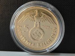 5 Deutsche Reichsmark 24K vergoldet 1936F *Unikat*