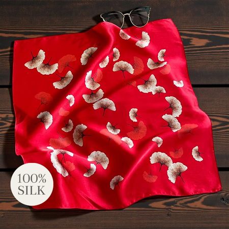 New 53cm 100% Silk Scarf Red Ginkgo Leaf Flower