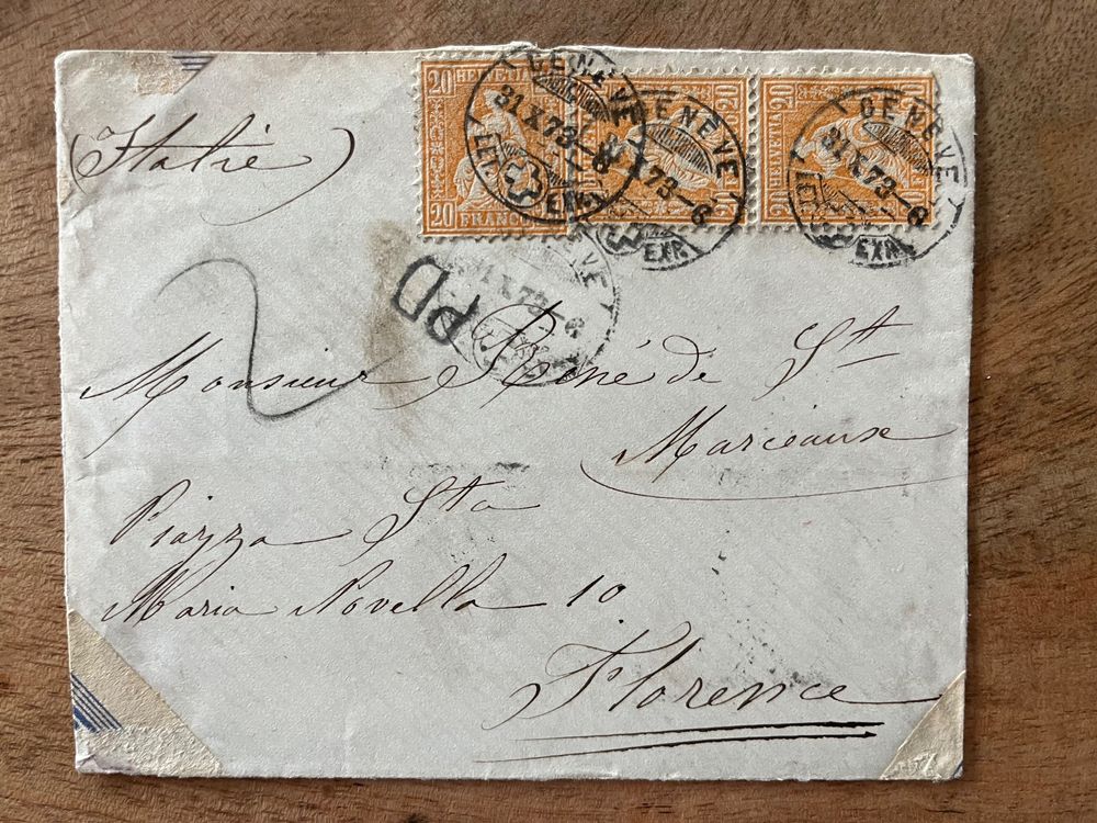 1873 3x Sitzende Helvetia Nr. 32 sur Fragment pour Florence Kaufen