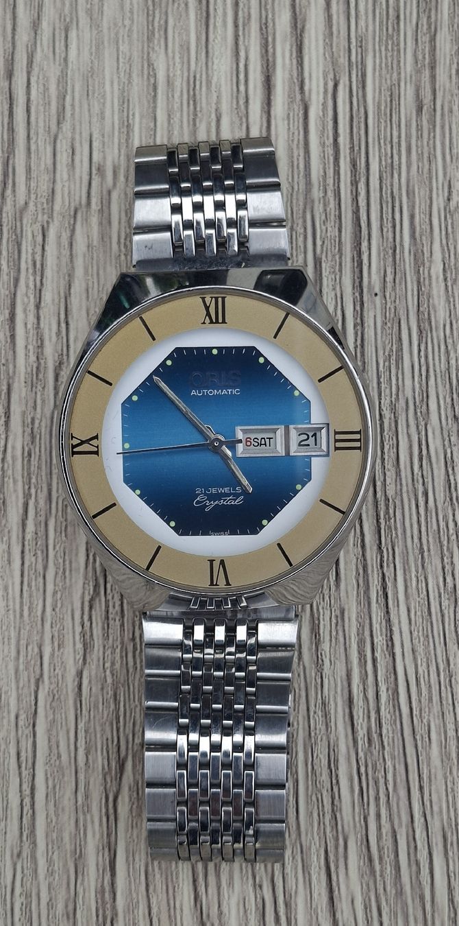 Oris Orologi: Oris Crystal D/D Auto eith Roman Numerals and blue dial.1970 – Usato da St-Cergue venduto da gar_x2b7 4