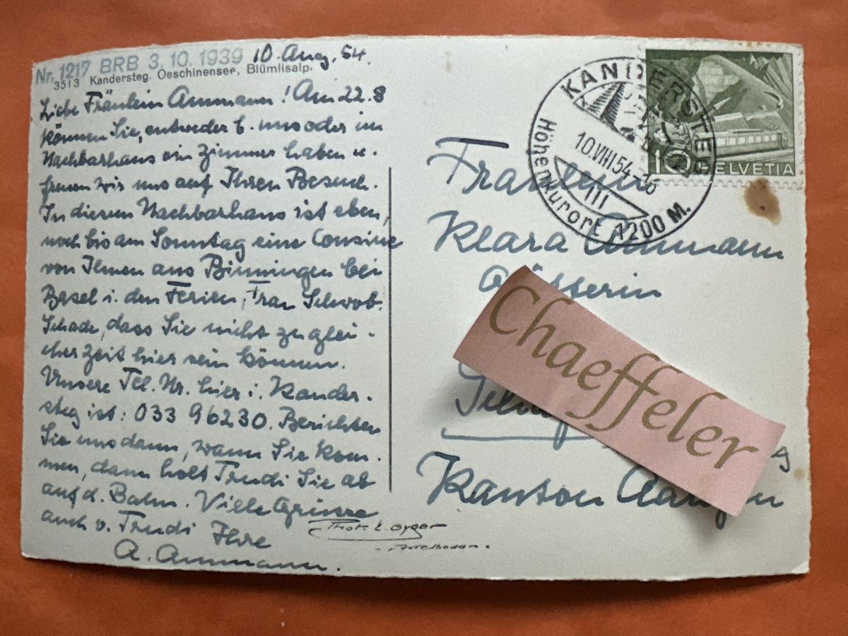 Cartoline postali: 1954 Kandersteg, Oeschinensee, Blümlisalp – Usato da Zürich venduto da Chaeffeler 1