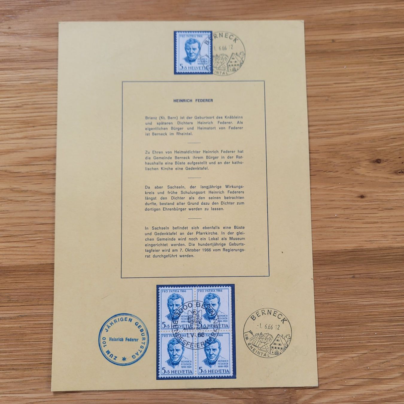 Tutti i francobolli: Document Berneck 1966 Heinich Federer Pro Patria – Usato da Biel/Bienne venduto da Destockweb