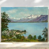 Magnifique peinture ancienne huile vue de Vevey Lac Léman