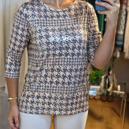 Mona Damen Bluse Glanzprint Rosa Grau Viskose Gr 44 L