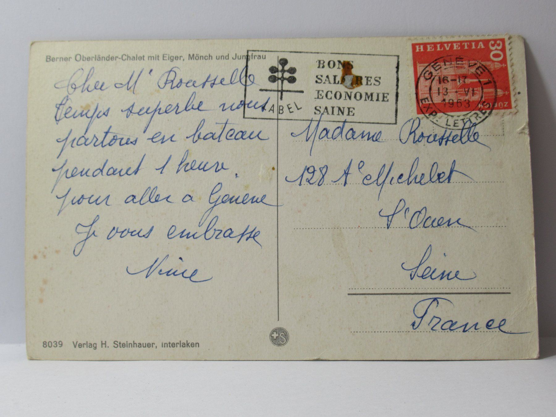Cartoline postali: Berner Oberländer - Chalet mit Eiger , Mönch & Jungfrau 1963 – Usato da Grenchen venduto da Bluemchen1900 1