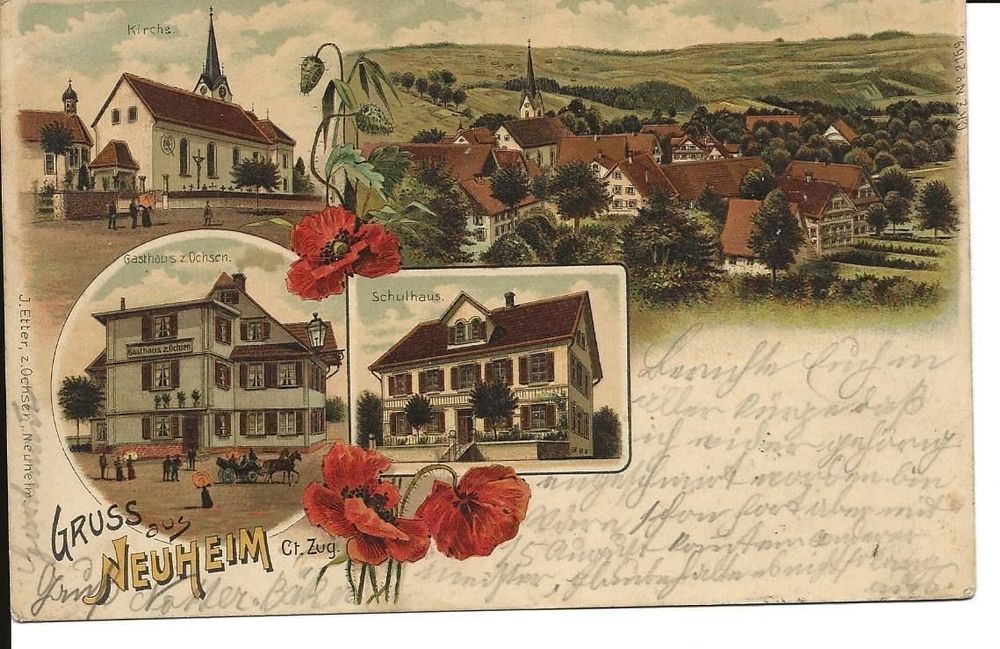 Neuheim ZG 4 Bild Litho 1901 Restaurant Ochsen Schulhaus rar (Neu ...