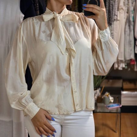 Vintage Seidenbluse 100% Seide Gr.44 Creme Schleifenkragen