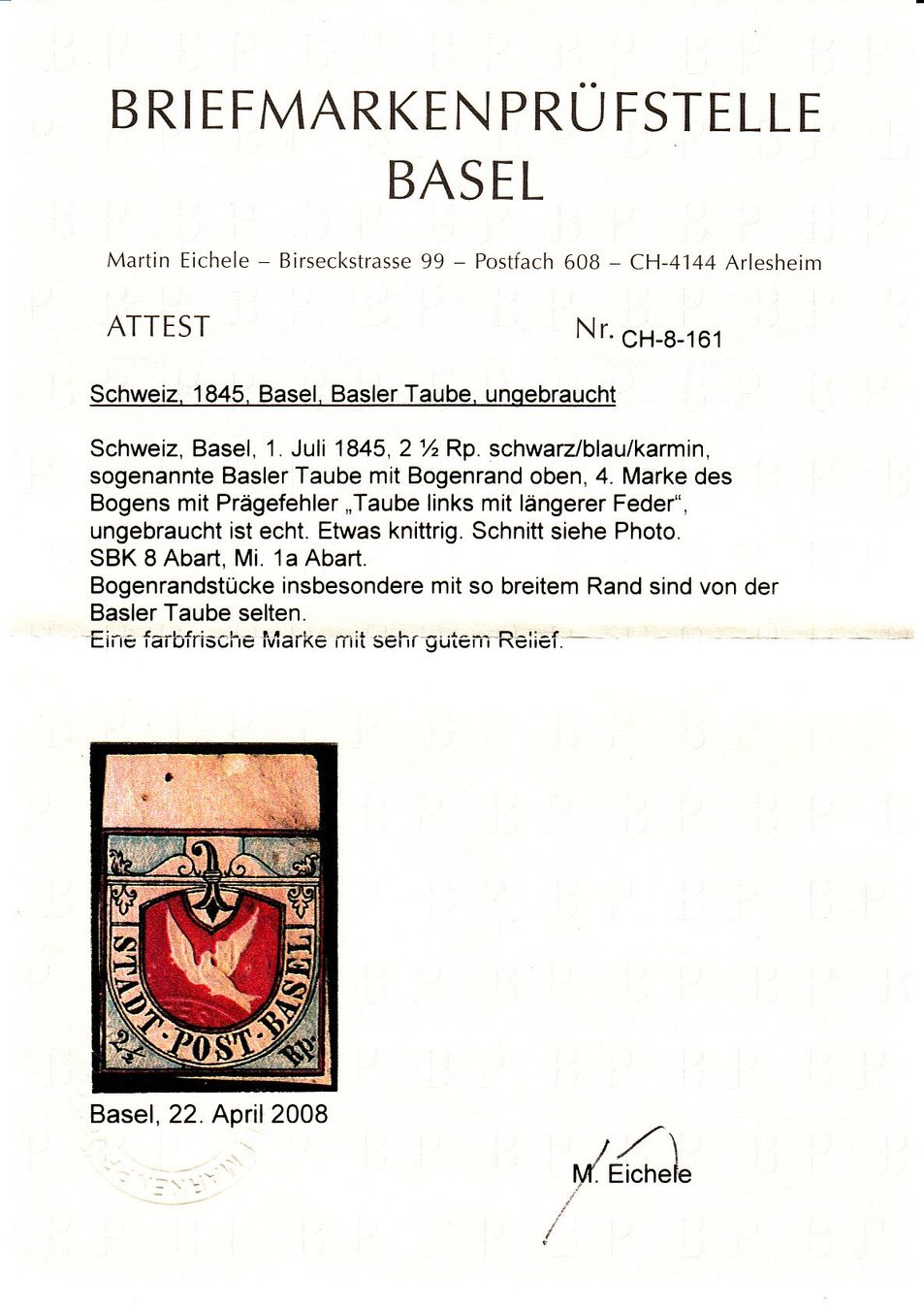 Tutti i francobolli: BASLER TAUBE mit BREITEM BOGENRAND, Kat. 28'000.- +++ – Usato da St. Gallen venduto da MuellerFamilyOffice 2