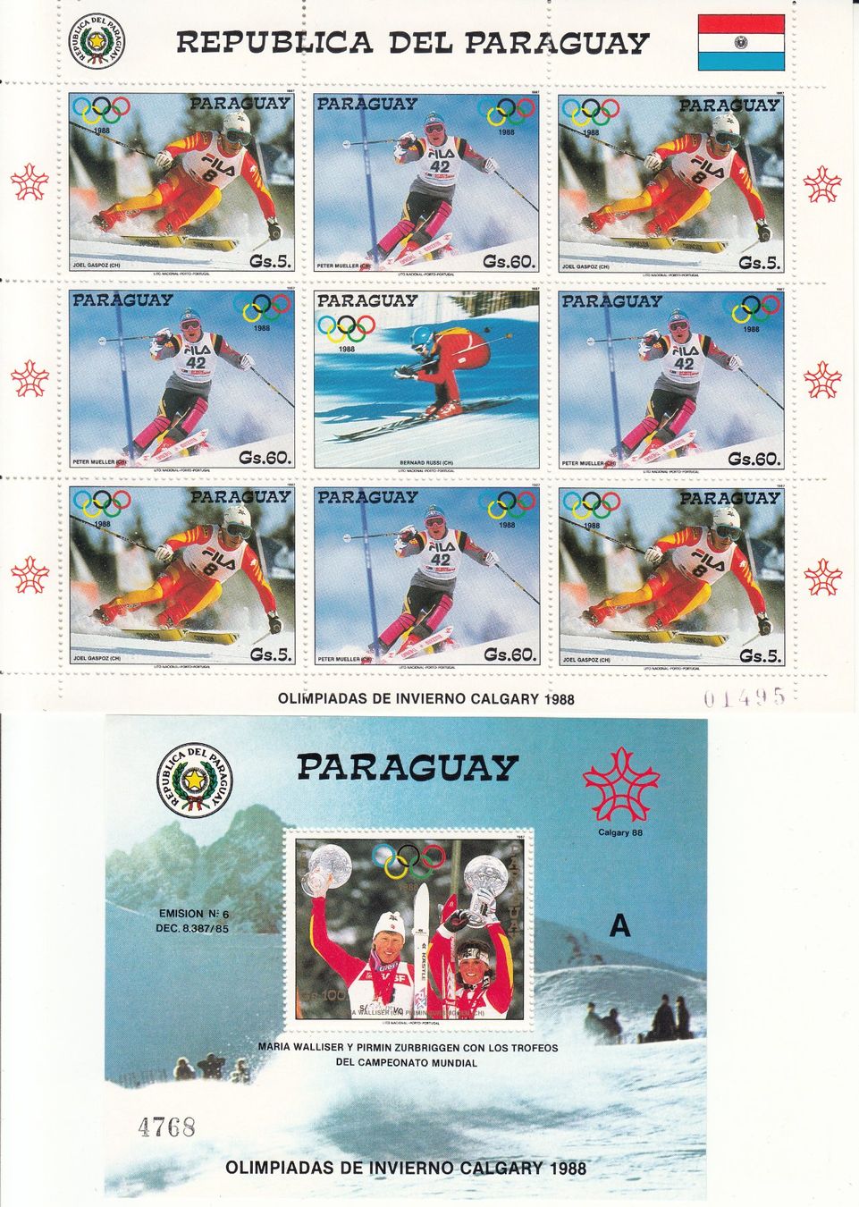 Alle Briefmarken: Paraguay 1988, 2 Calgary-Block mit CH-Atlethen – Gebraucht aus Bürglen TG von StampGraf