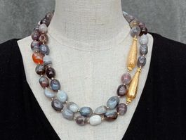 Grau Botswana Achat vergoldet Halskette Kette Collier Agate