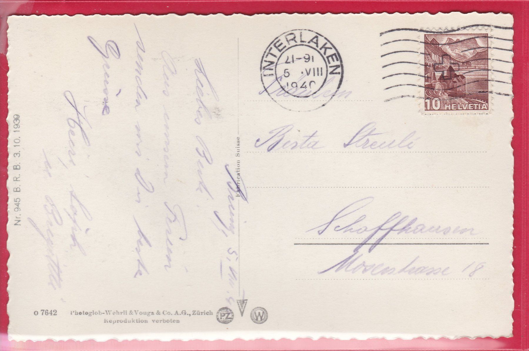 Cartoline postali: INTERLAKEN, MÖNCH UND JUNGFRAU, 5.8.1940 – Usato da Oberrieden venduto da Gebirgsstelze 1