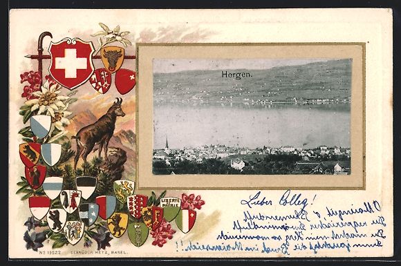 Cartoline postali: Horgen, Ortsansicht mit Kirche, Wappen – Usato da Berlin venduto da bartko-reher
