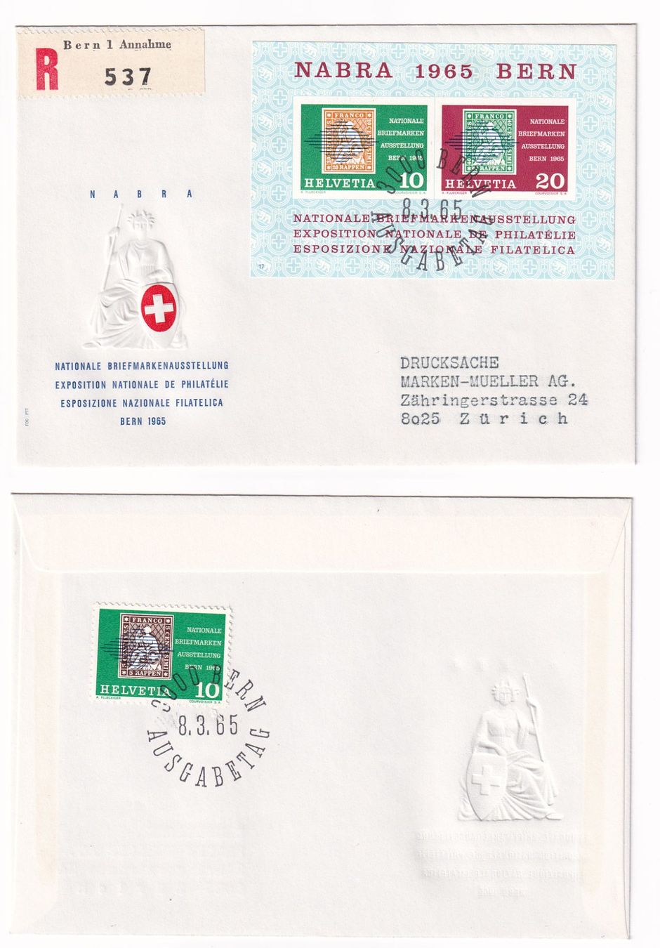 Tutti i francobolli: 1965 2 FDC NABRA BERN, Block und Blockausschnitte FDC – Usato da Rebstein venduto da mprch