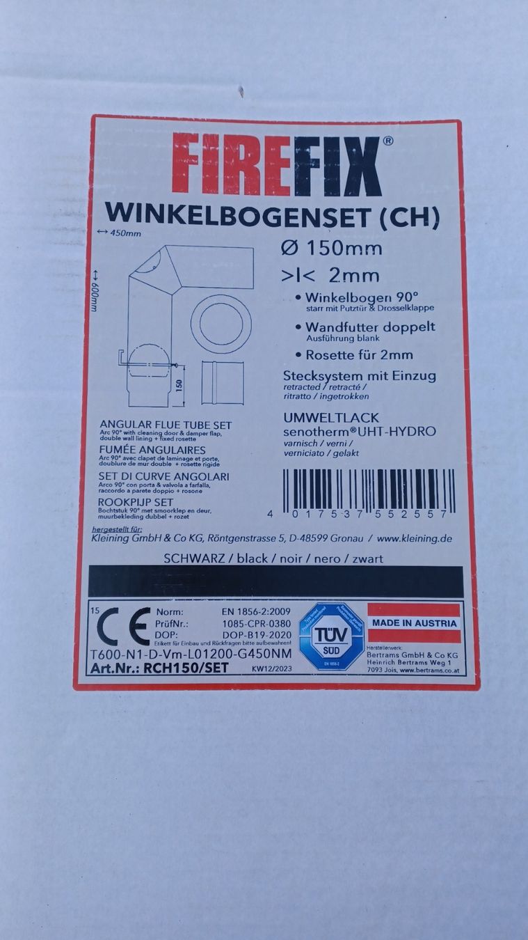 Cheminée: Winkelbogenset CH Rauchrohr Firefix 150mm schwarz – Neu und originalverpackt aus Winterthur von dangirvale