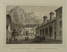 BAD LEUCK, LEUK, LOÈCHE-LES BAINS, STAHLSTICH UM 1865